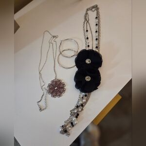 Black And Silver Floral Necklace, Long Silver And Pink Necklace, Hopp Earrings